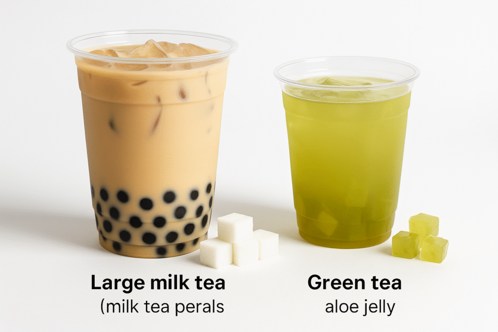 Comparison of a large full sugar milk tea with pearls vs a medium green tea with aloe