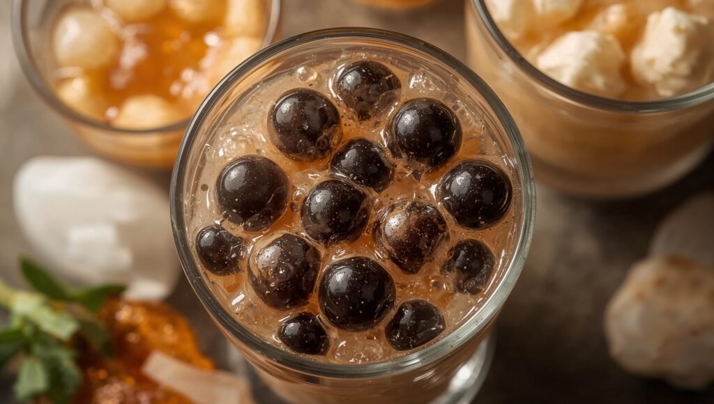 Close-up of glossy black tapioca pearls in a small glass dish with blurred pudding, grass jelly, and coconut jelly in the background