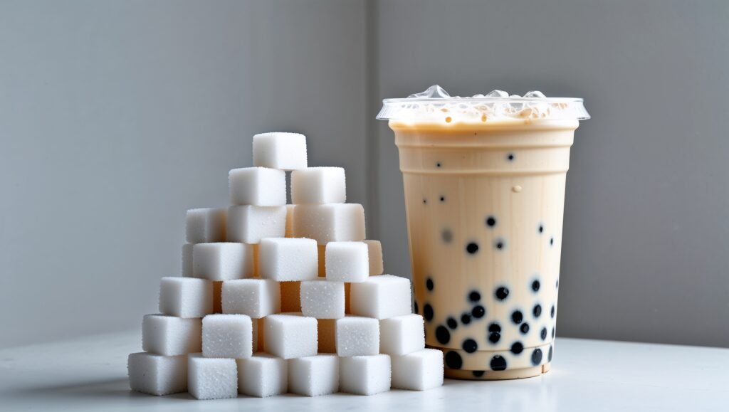 Sugar cubes stacked beside a bubble tea cup to show sugar content