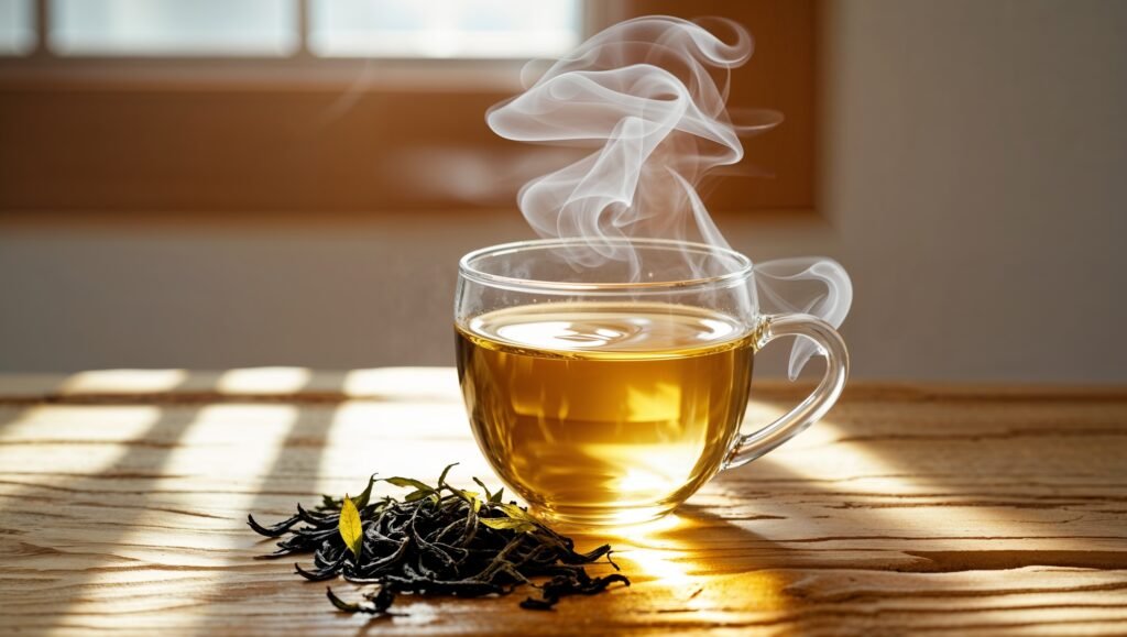 Oolong tea in a glass cup with tea leaves
