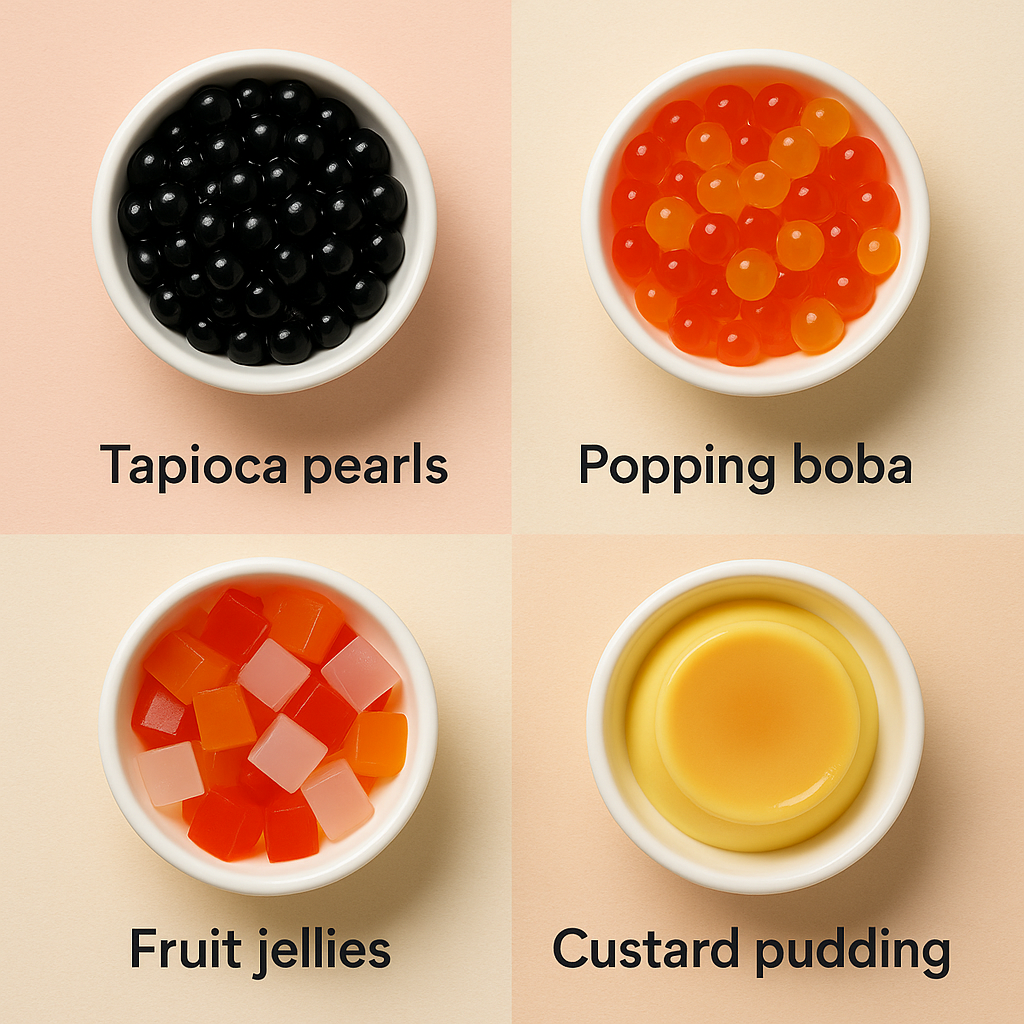 Bar chart of calories for tapioca pearls, popping boba, jellies, and puddings