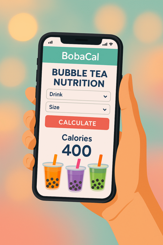 BobaCal Bubble Tea Nutrition Calculator app showing calories, sugar, and carbs for bubble tea drinks – The Boba Club