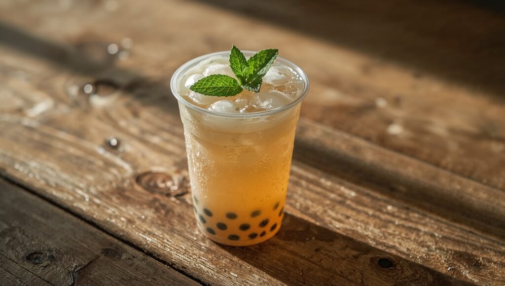 Iced bubble tea with tapioca pearls and fresh mint garnish on a rustic wooden table, photographed in natural sunlight with soft shadows.