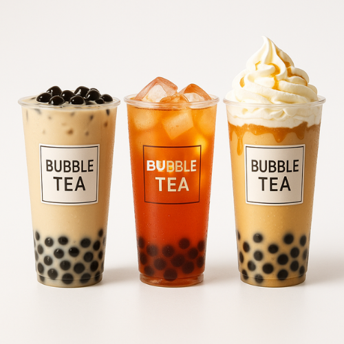 Three bubble tea drinks side by side on a white background: classic milk tea with pearls, a fruit tea with ice, and a whipped cream-topped indulgent version, styled as a luxury editorial product lineup.