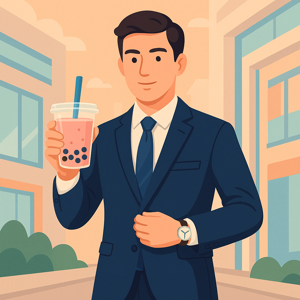 Young businessman in navy suit holding pink bubble tea with blue straw in urban pastel city setting