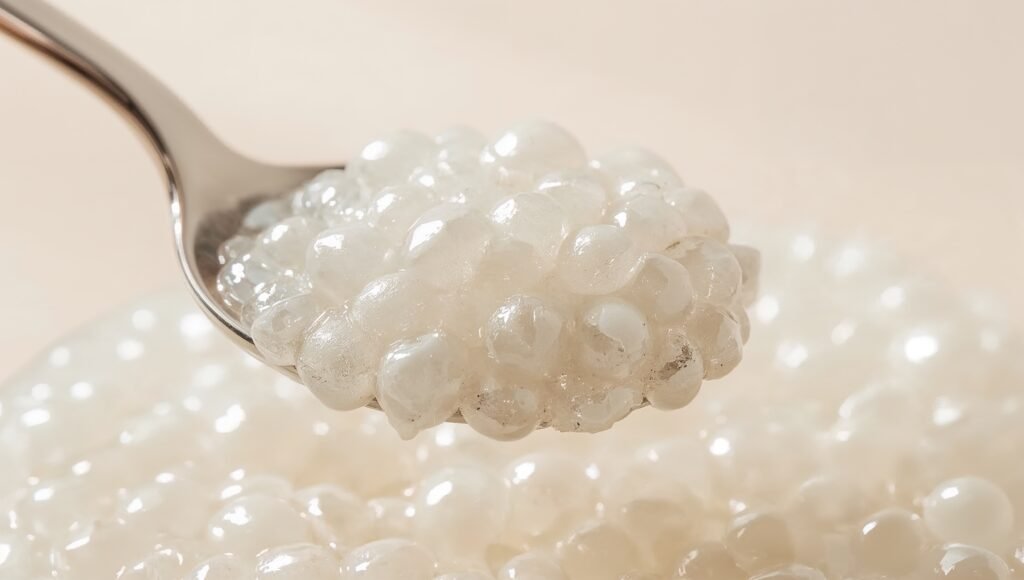Close-up of a spoonful of clear tapioca pearls used as a topping in bubble tea, with a soft neutral background
