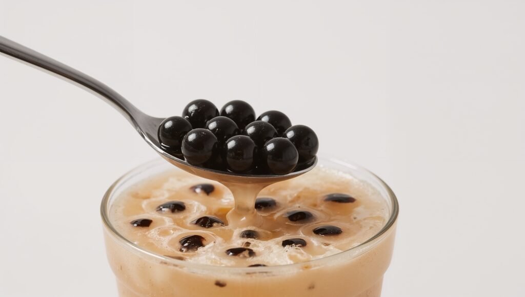 Close-up of tapioca pearls in bubble tea, high in calories and carbs