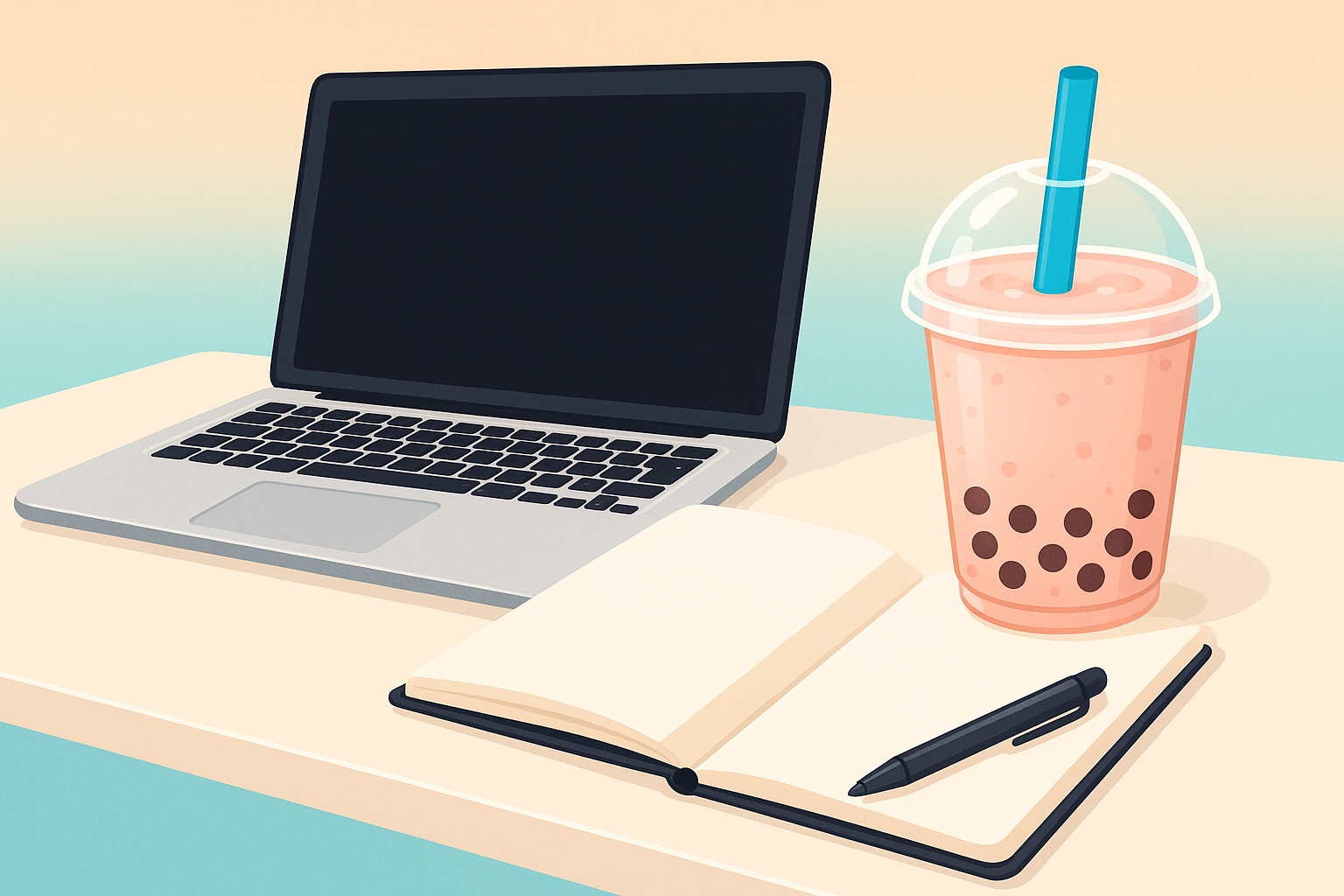 Minimalist workspace with laptop, open notebook, pen, and pink bubble tea with blue straw on pastel background