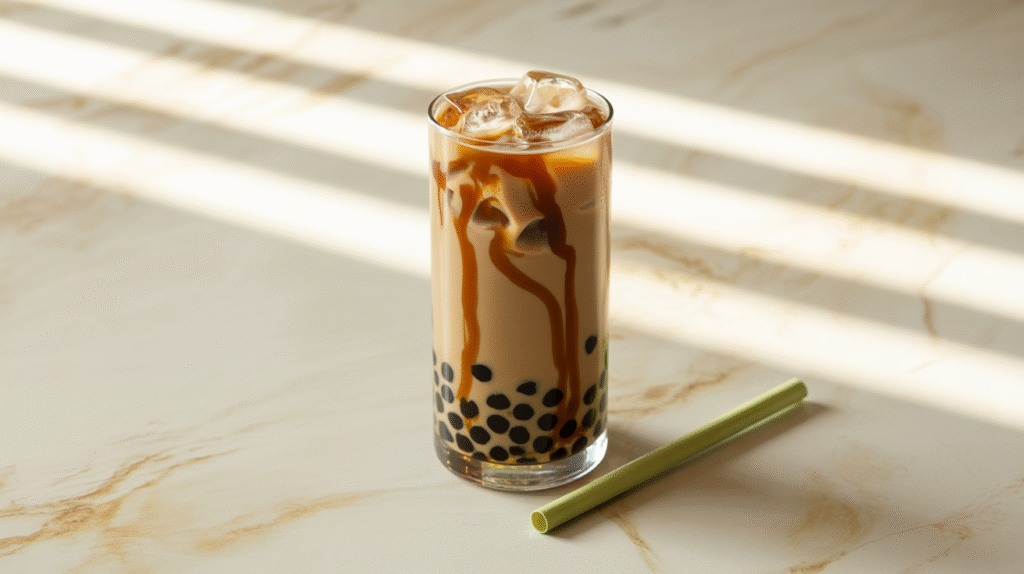 /brown-sugar-boba-milk-tea-recipe/ brown sugar boba with pearls, milk tea, and caramel ribbons.