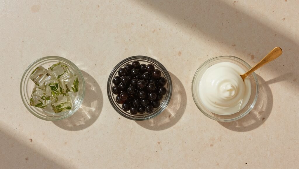 “Flat-lay of grass jelly cubes, tapioca pearls, and cheese foam in small bowls.”