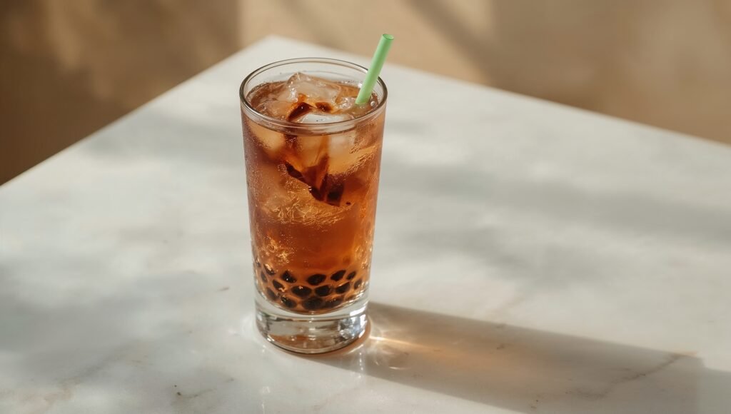 Light (~130 cal) brown sugar boba with almond milk look, fewer pearls, and thin syrup ribbons on warm marble.