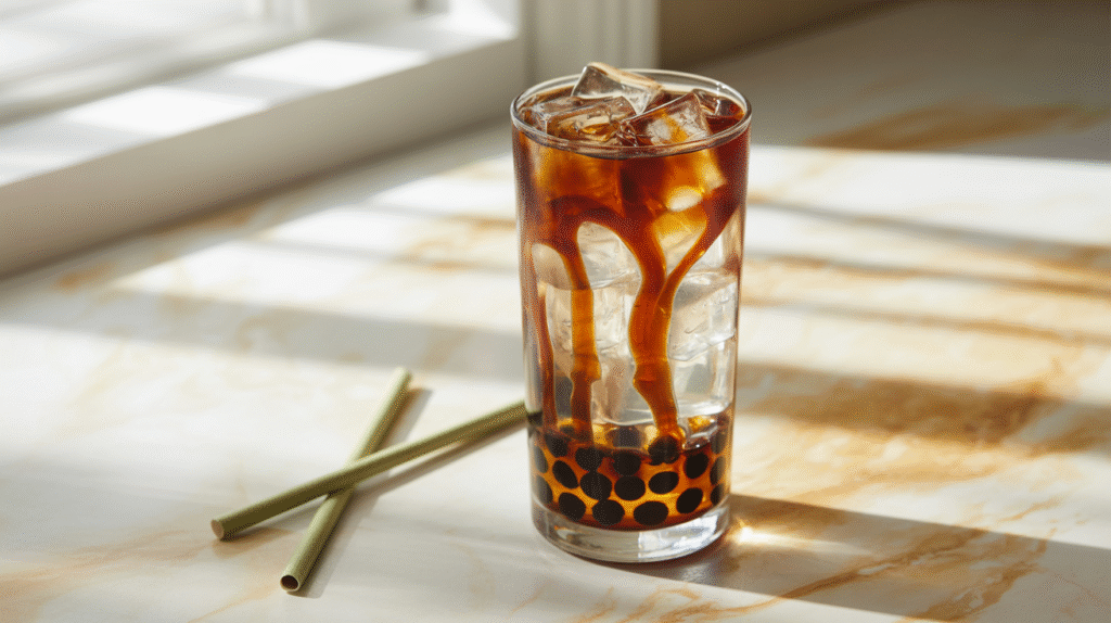 High-protein brown sugar boba with bold syrup stripes and visible tea.