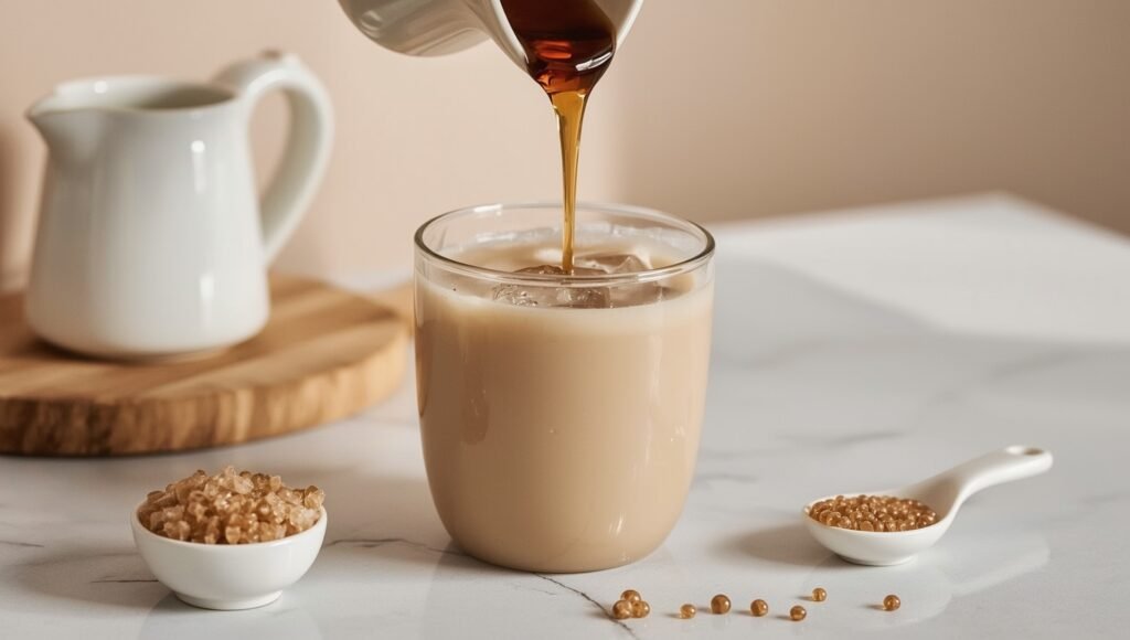 Brown sugar syrup pouring into iced milk tea in a plain glass, showing how sweetness adds calories