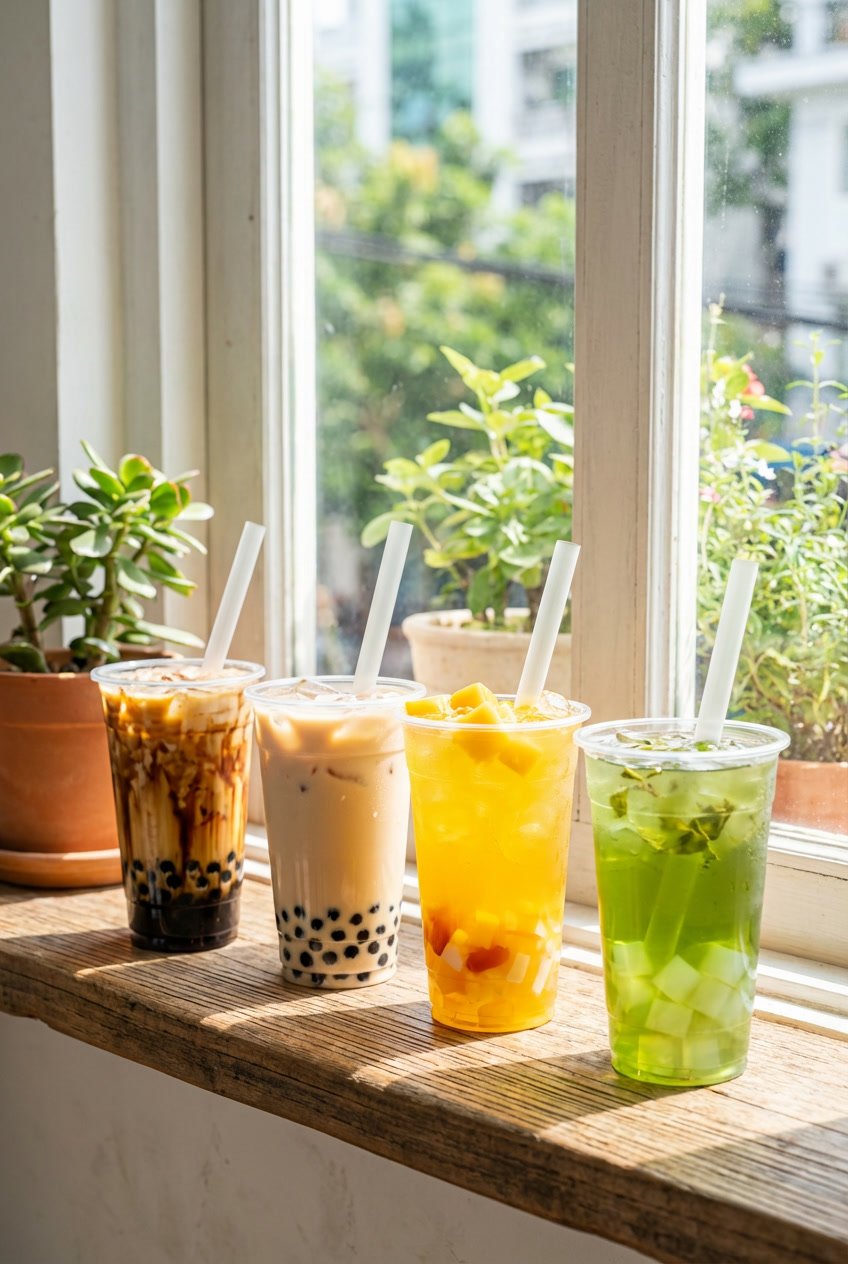 Lineup of four different bubble tea types (brown sugar, milk tea, fruit tea, pure tea) on a sunny window sill.