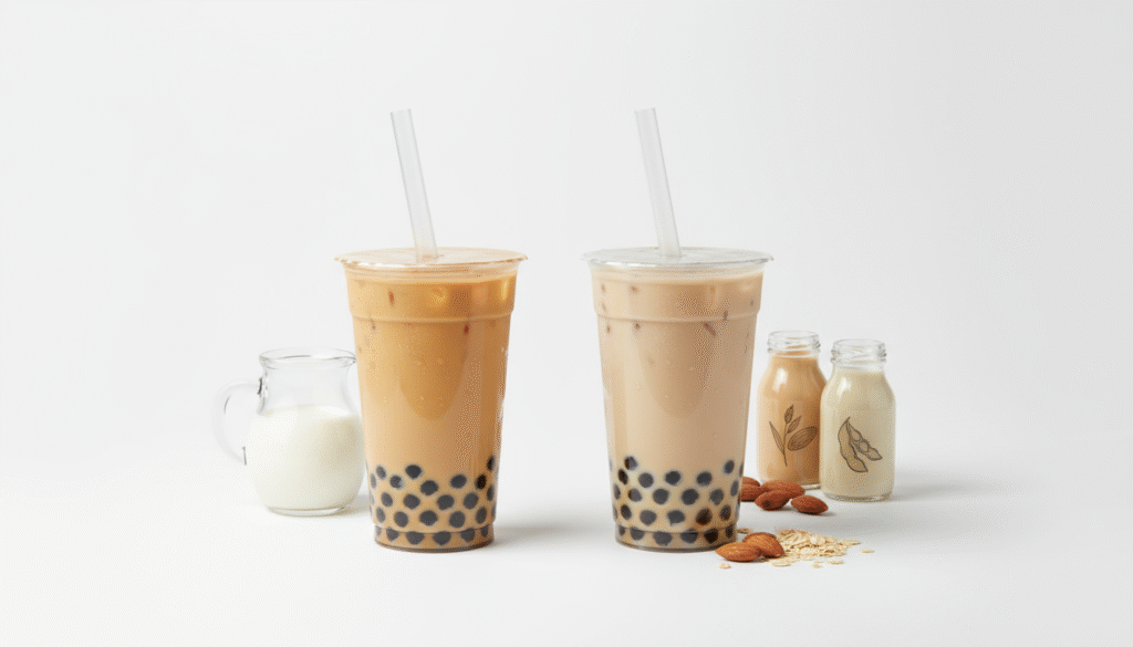 “Editorial comparison of dairy milk tea and non-dairy milk tea bases—oat/almond/soy cues on a bright, unbranded setup.”