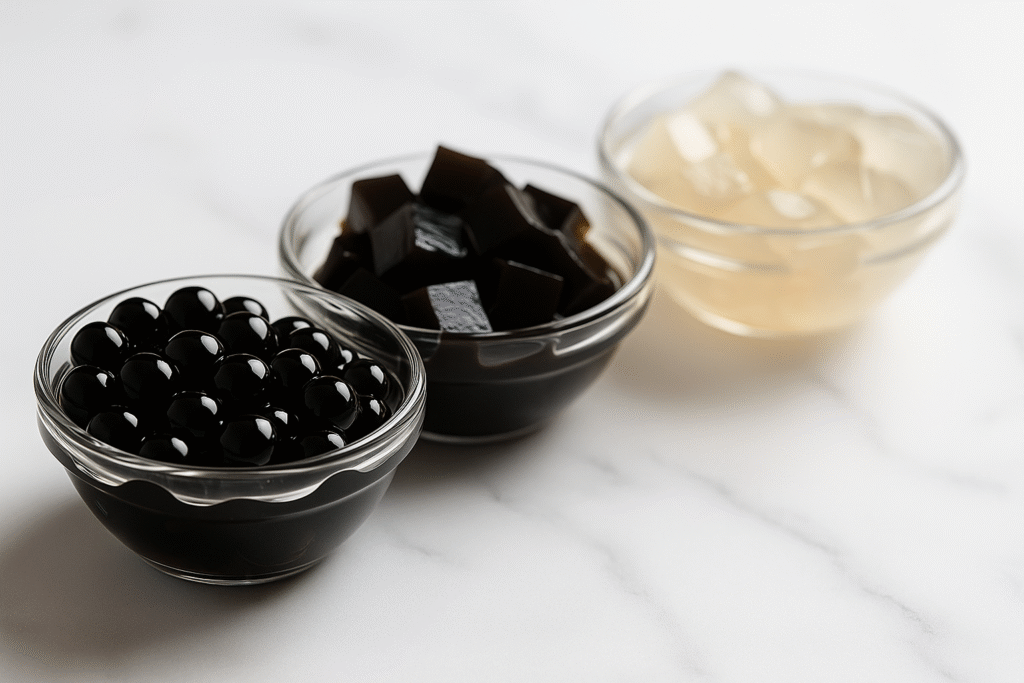 Unbranded bubble tea toppings bar with pearls, grass jelly, puddings and jellies
