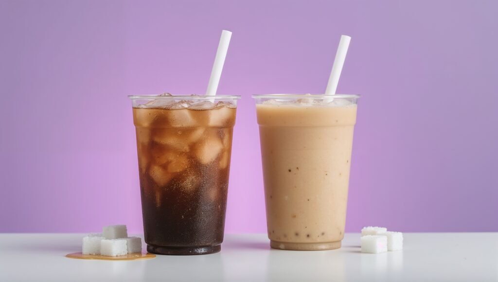Two milk tea cups side-by-side, higher-sugar vs lighter, on a purple backdrop.”