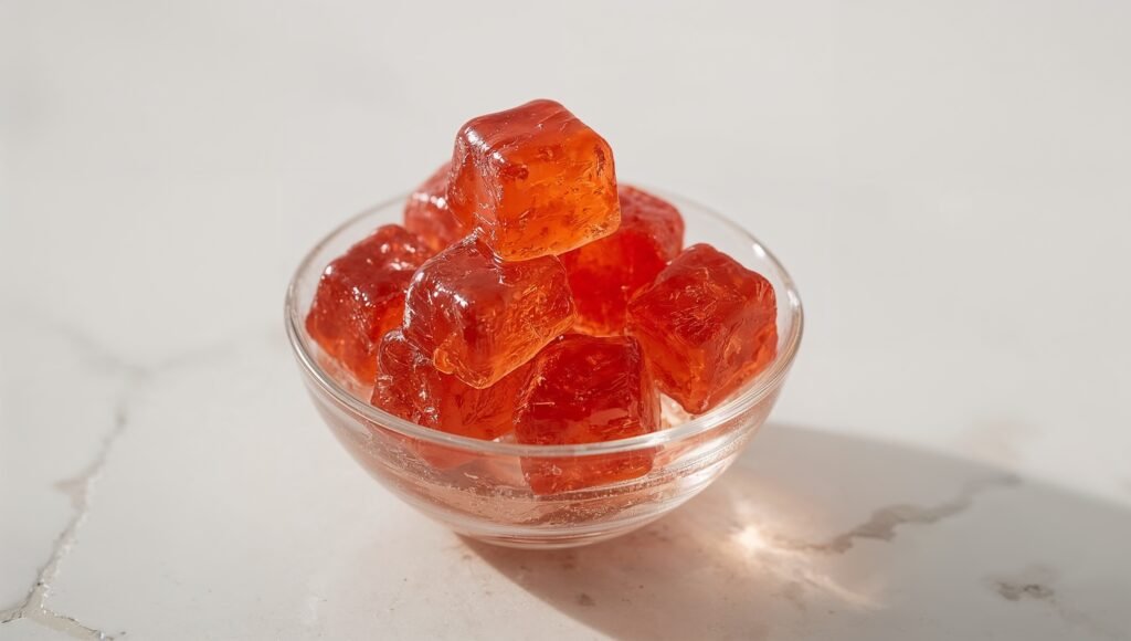 Close-up of grass jelly cubes—smooth, spoonable texture