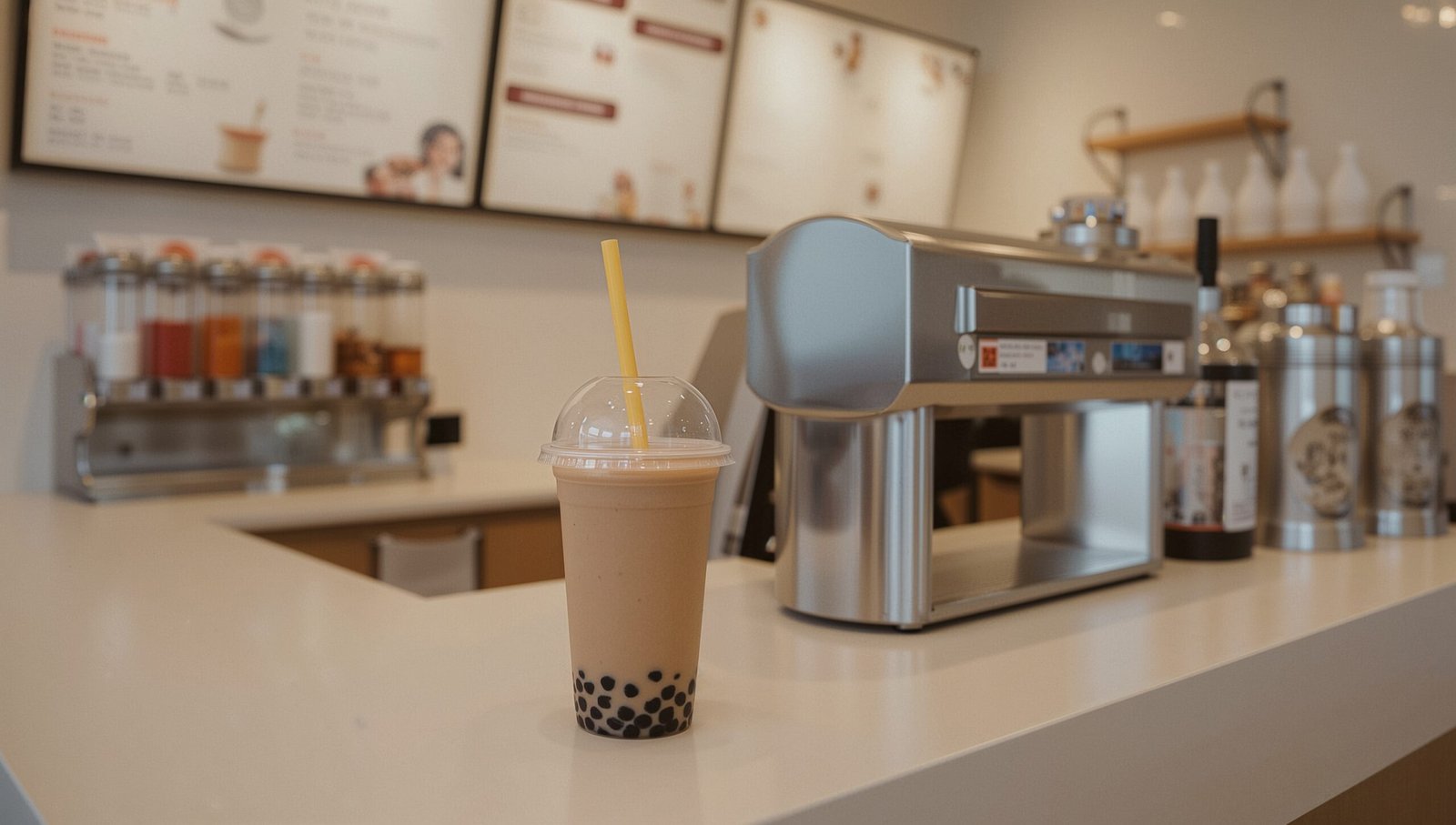“Kung Fu Tea calories visual: realistic bubble tea on counter inside a brand-free bubble tea shop, pearls visible, indoor lighting.”
