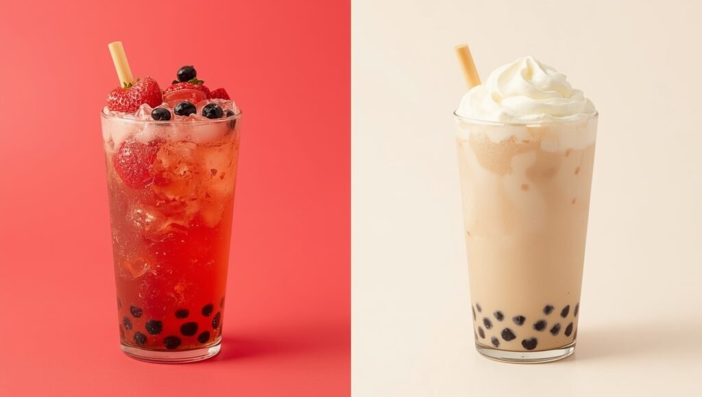 Split-scene photo of two bubble tea drinks: on the left a strawberry and blueberry fruit tea with boba on a red background, and on the right a creamy milk tea with tapioca pearls and whipped cream on a beige background.”