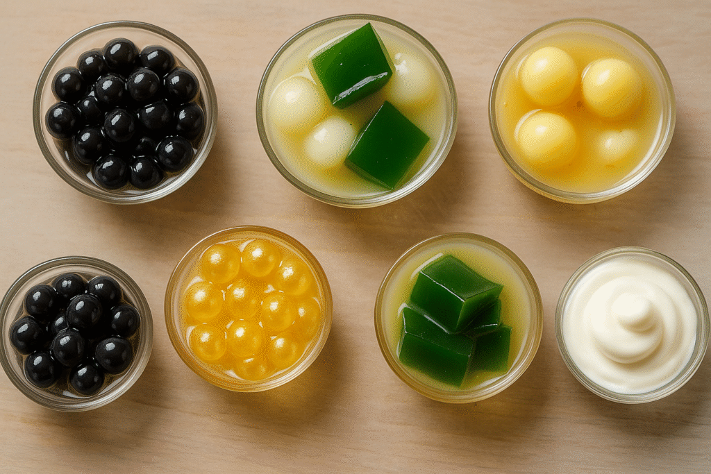 Overhead photo of Kung Fu Tea toppings in bowls including tapioca pearls, popping boba, herbal jelly, pudding, and milk cap cream.