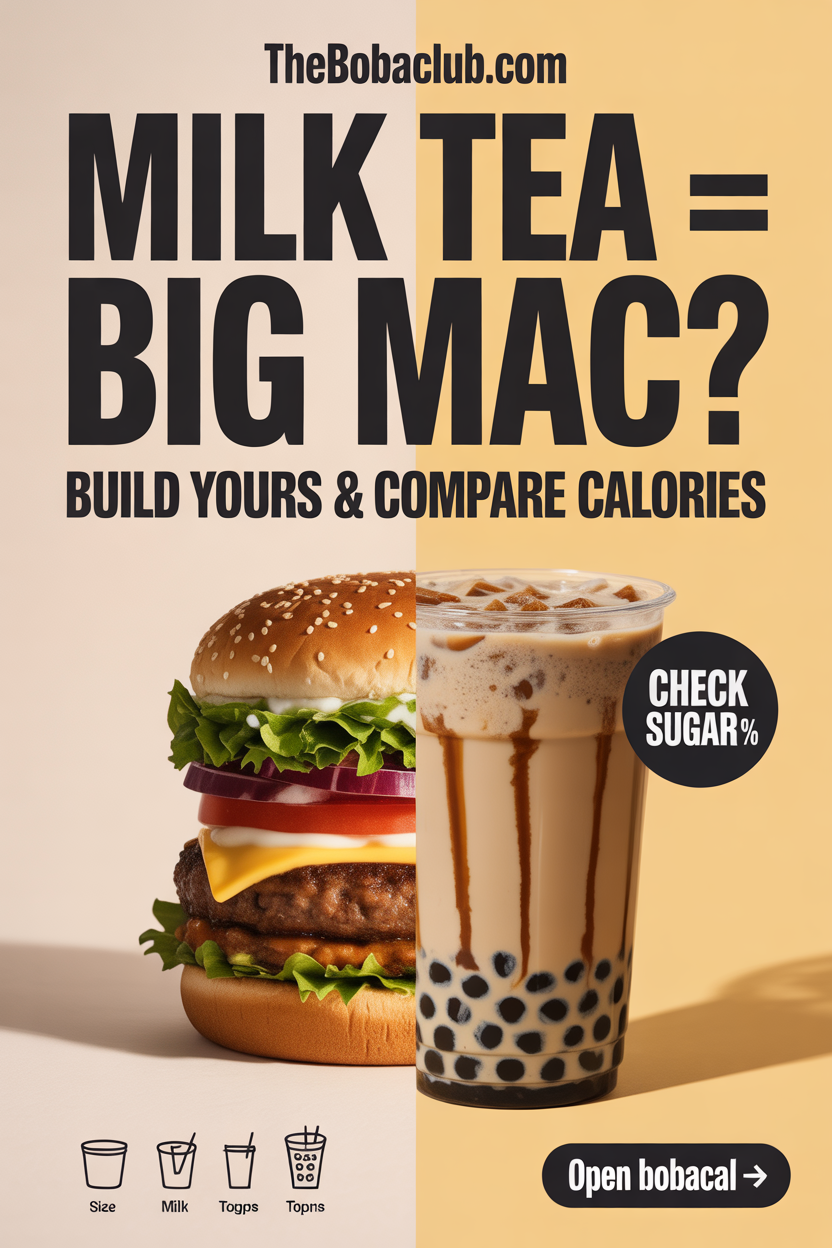 “Split poster with generic burger vs glossy bubble milk tea; headline ‘Milk Tea vs Big-Mac Calories’; badge ‘Check sugar %’; CTA ‘Open BobaCal’; thebobaclub.com top center; 2:3 layout.”