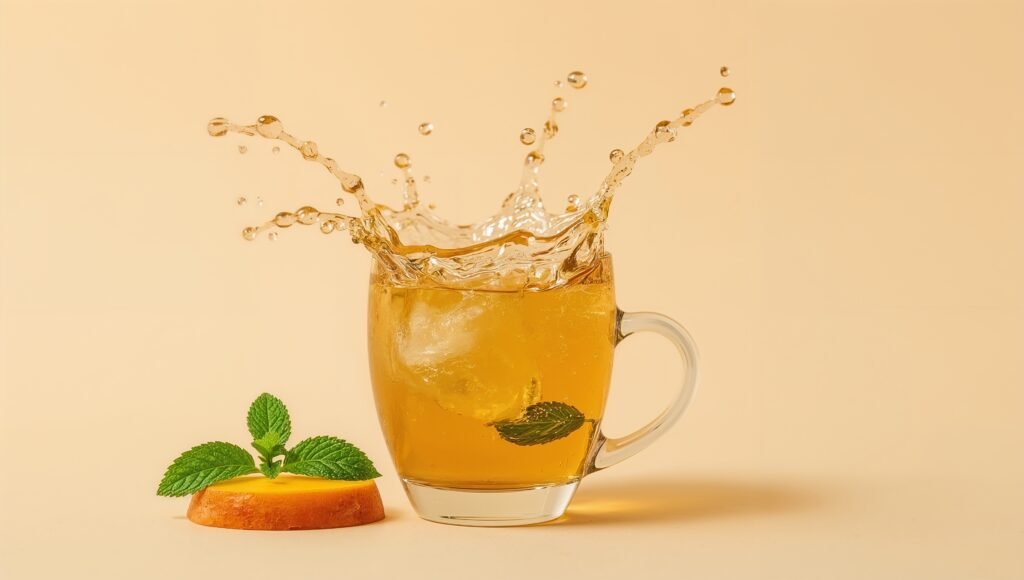Mango green tea in motion on a pale studio set, clean high-speed splash effect