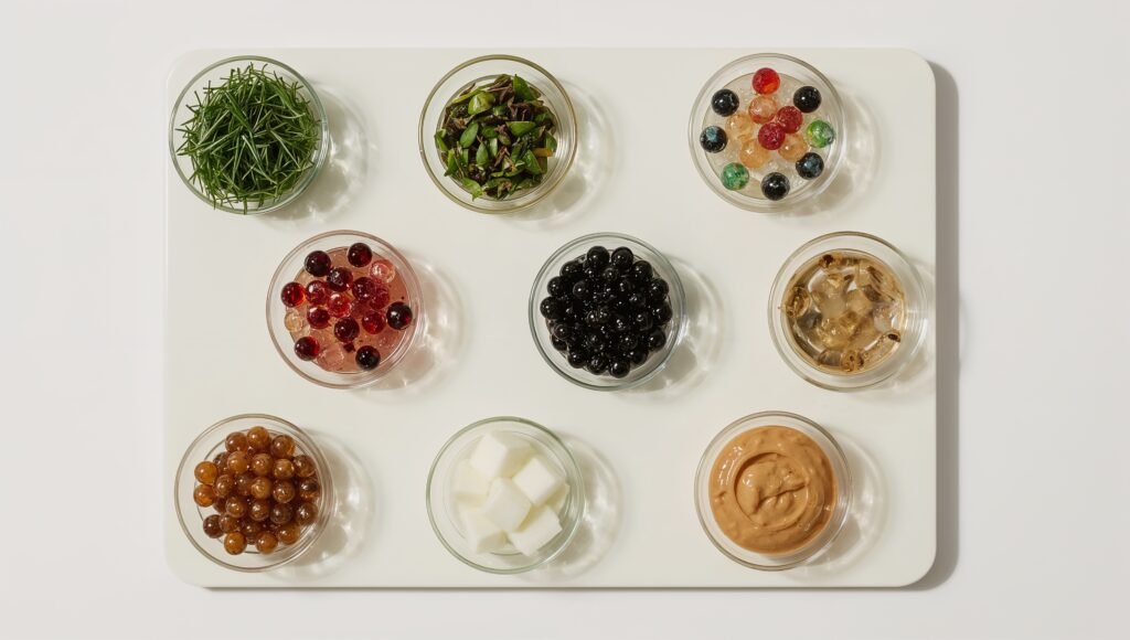 Top-down grid of bubble tea toppings: grass jelly, herbal jelly, crystal boba, rainbow jelly, black pearls, brown sugar pearls, pudding, aloe, taro paste