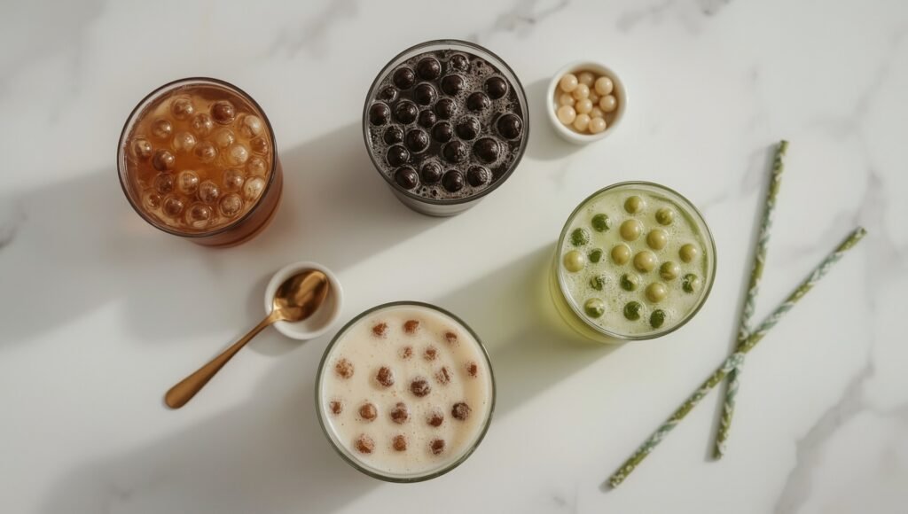 Top-down lineup of four unbranded bubble tea drinks with tapioca pearls on a marble surface