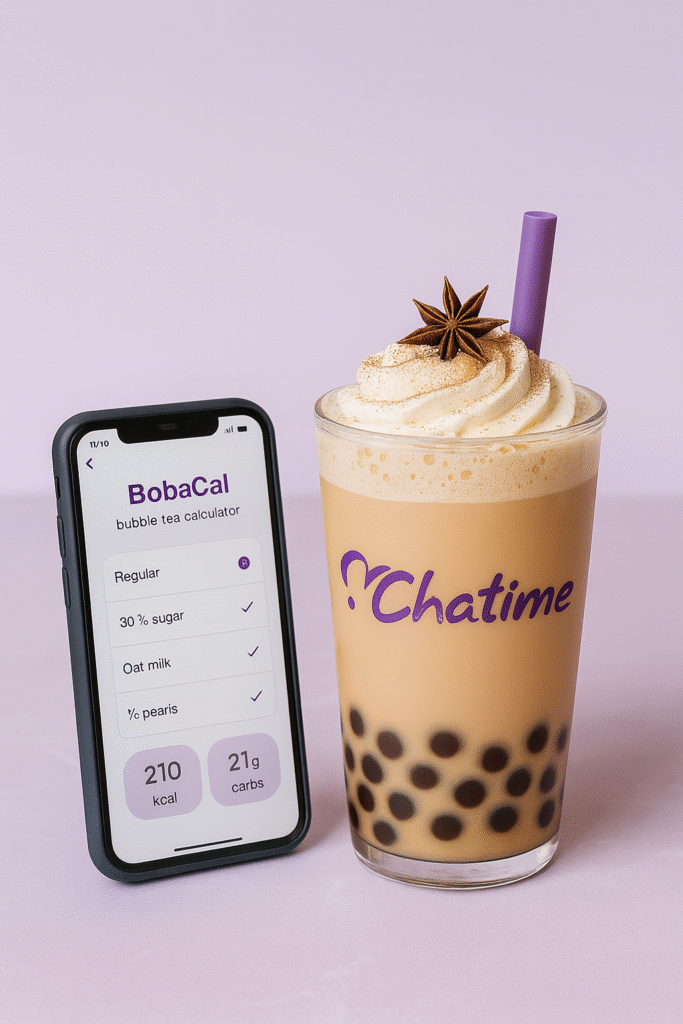 BobaCal bubble tea calculator with Chatime drink example.