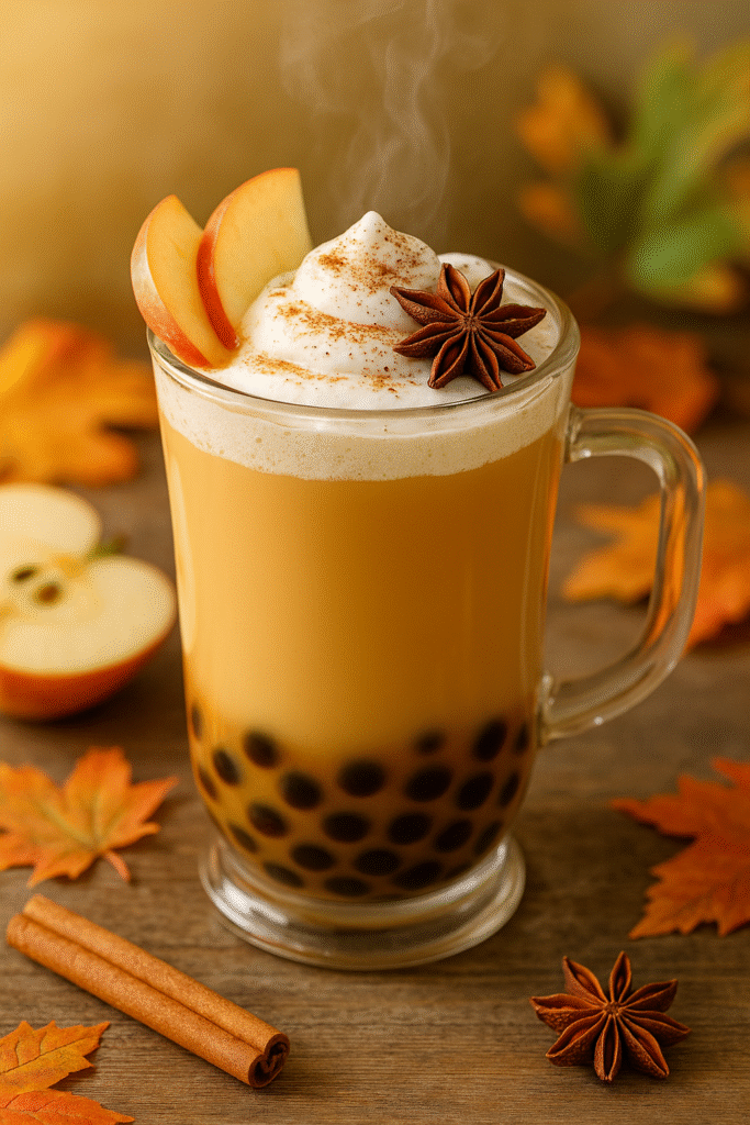 Close-up Apple Cider Chai boba latte in a clear mug with brown sugar boba, whipped cream, cinnamon, and star anise on a fall backdrop.