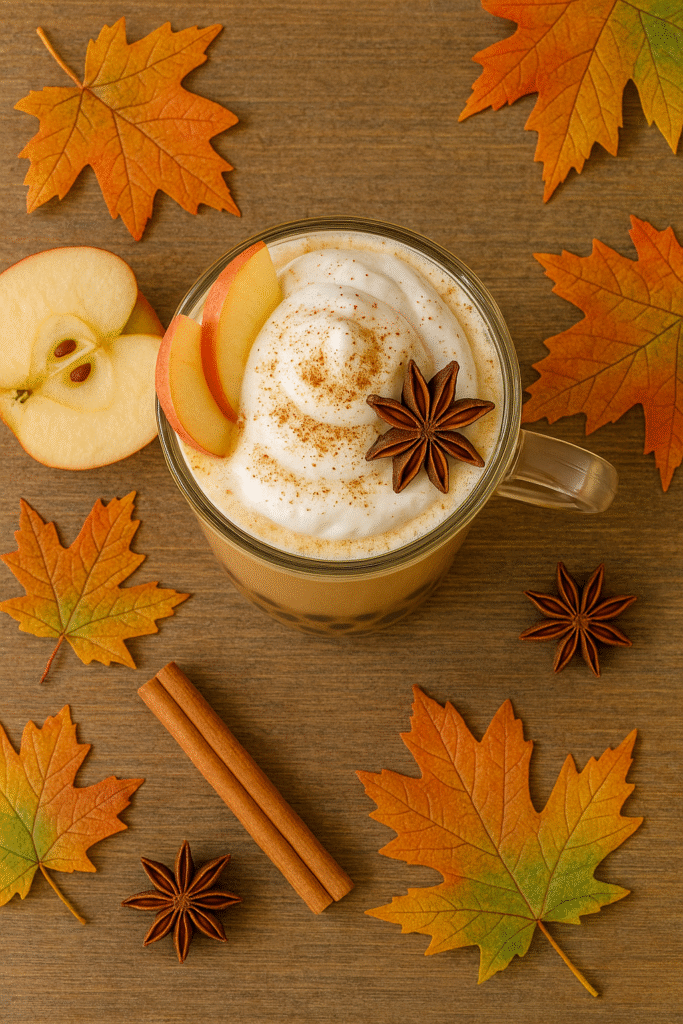 Top-down view of an Apple Cider Chai boba latte with apple slices, cinnamon sticks, and autumn leaves—cozy fall bubble tea scene.
