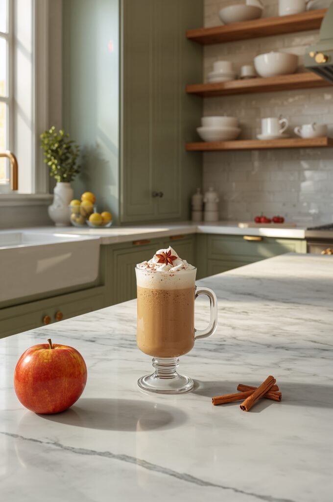 Apple Cider Chai boba latte on a marble counter in a DeVol-style kitchen with sage cabinets and brass accents.