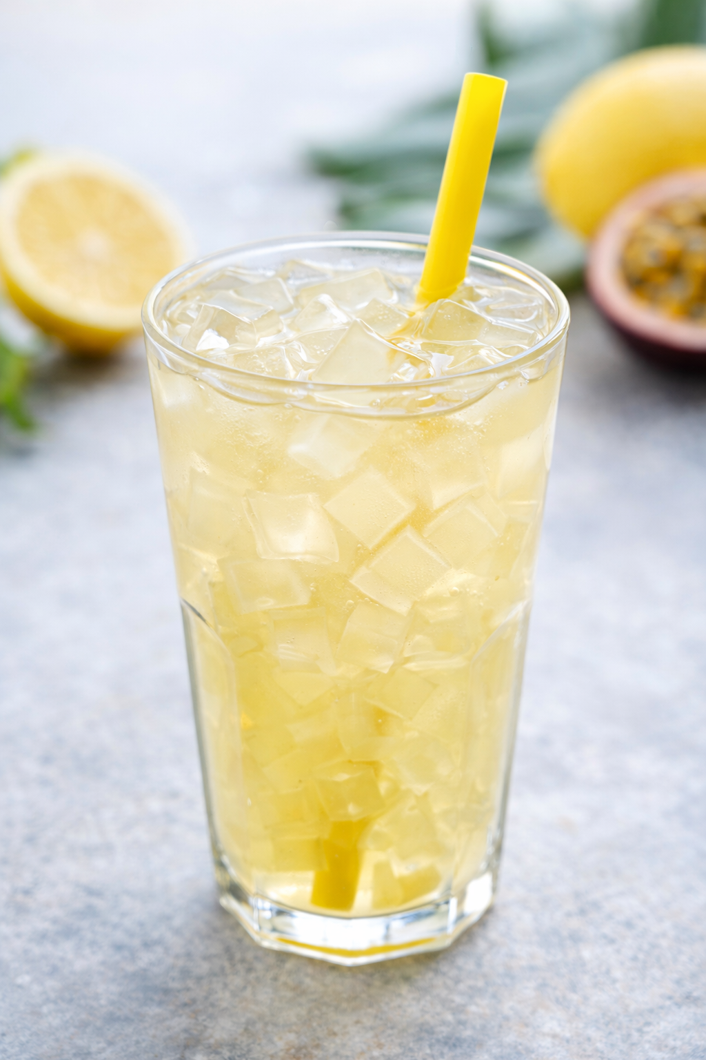 Aloe vera bubble tea topping in a light fruit tea with translucent aloe cubes and