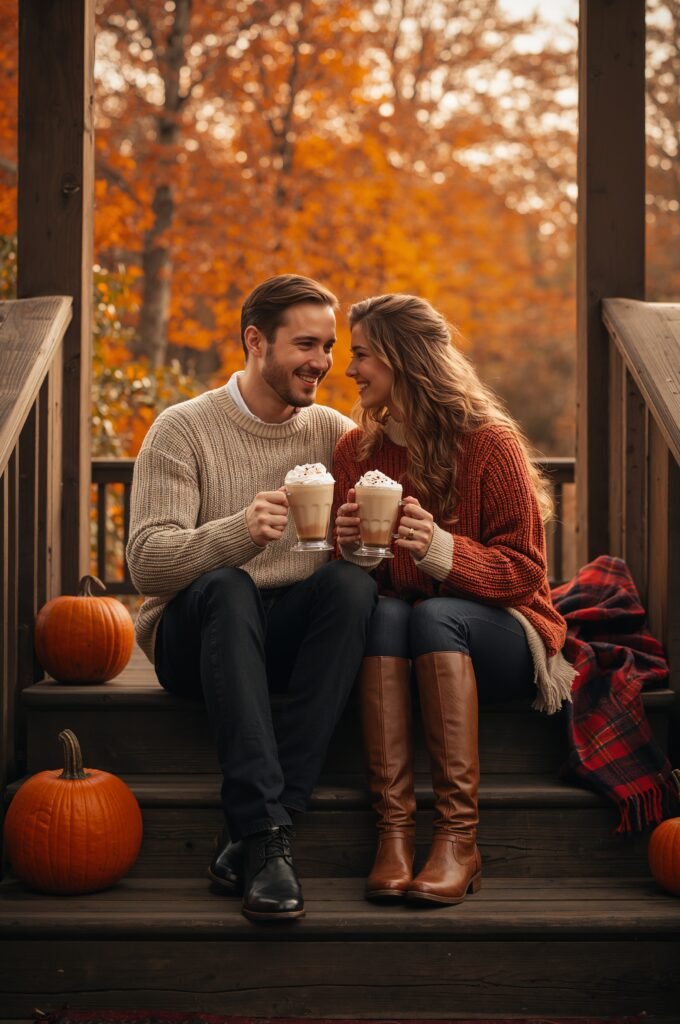 Smiling couple on a porch with peak fall foliage, each holding an Apple Cider Chai boba latte in clear mugs.