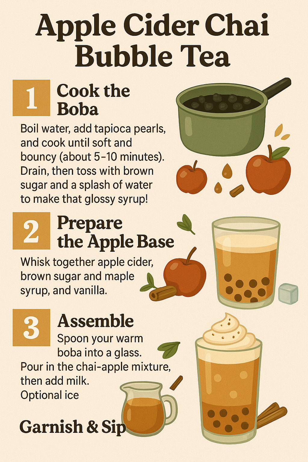 Apple Cider Chai Bubble Tea infographic showing step-by-step recipe: cook tapioca pearls, brew chai, mix apple-cider base, assemble with milk, and garnish with cinnamon.