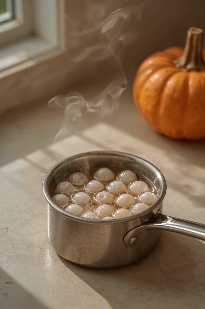 Steam rises from a saucepan of cooked tapioca pearls simmering in brown sugar syrup for Pumpkin Chai Boba Latte.