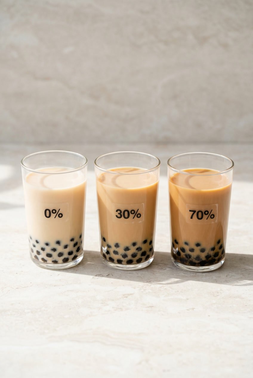 Bubble tea sugar levels comparison showing 0 percent, 30 percent, and 70 percent sweetness