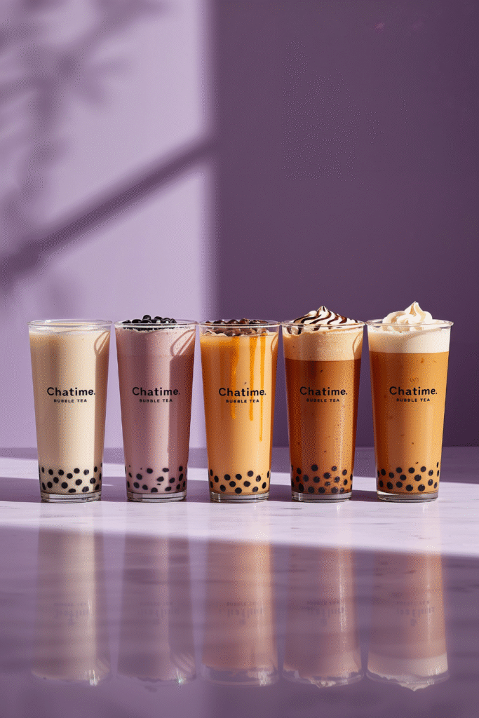 Chatime bubble tea drinks in commercial cups — classic milk tea, taro, fruit tea, brown sugar, and milk foam oolong, luxury editorial style.