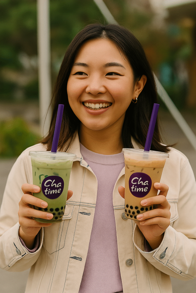 Chatime calories: woman holding two Chatime bubble tea drinks in a café, lifestyle photo.