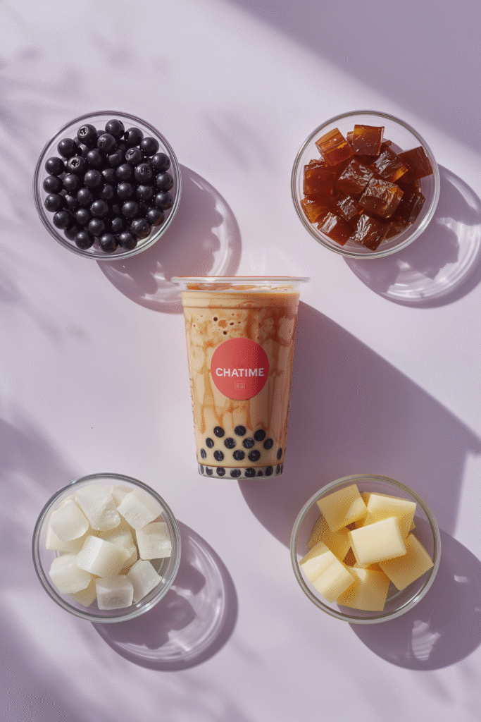 Chatime toppings — tapioca pearls, herbal jelly, aloe vera, and egg pudding arranged in glass bowls on lavender marble, editorial realistic photo.