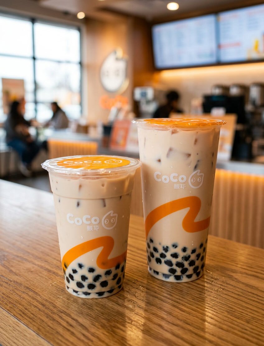 Medium and large CoCo Fresh milk tea cups showing the size difference on a shop counter