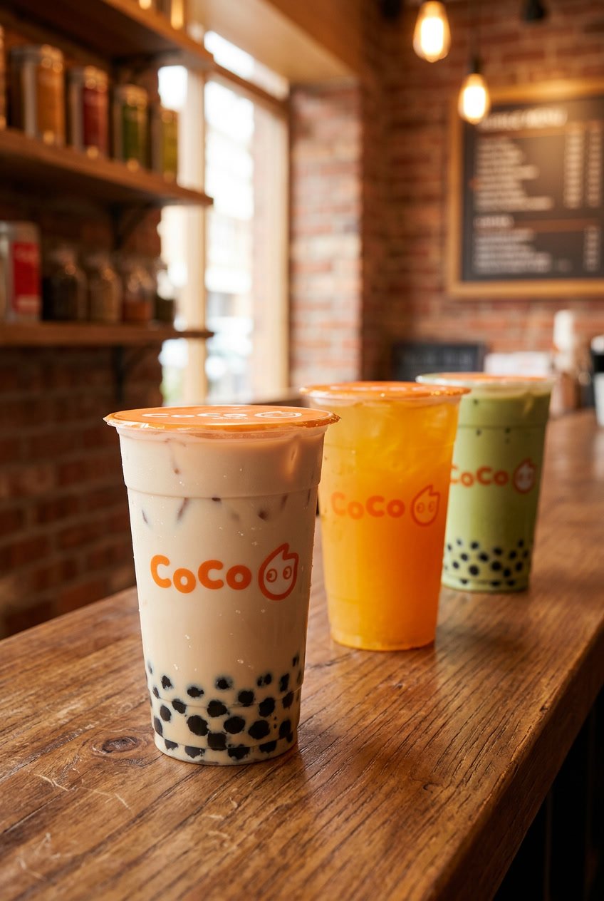 Three CoCo Fresh drinks showing different bubble tea order options inside a shop