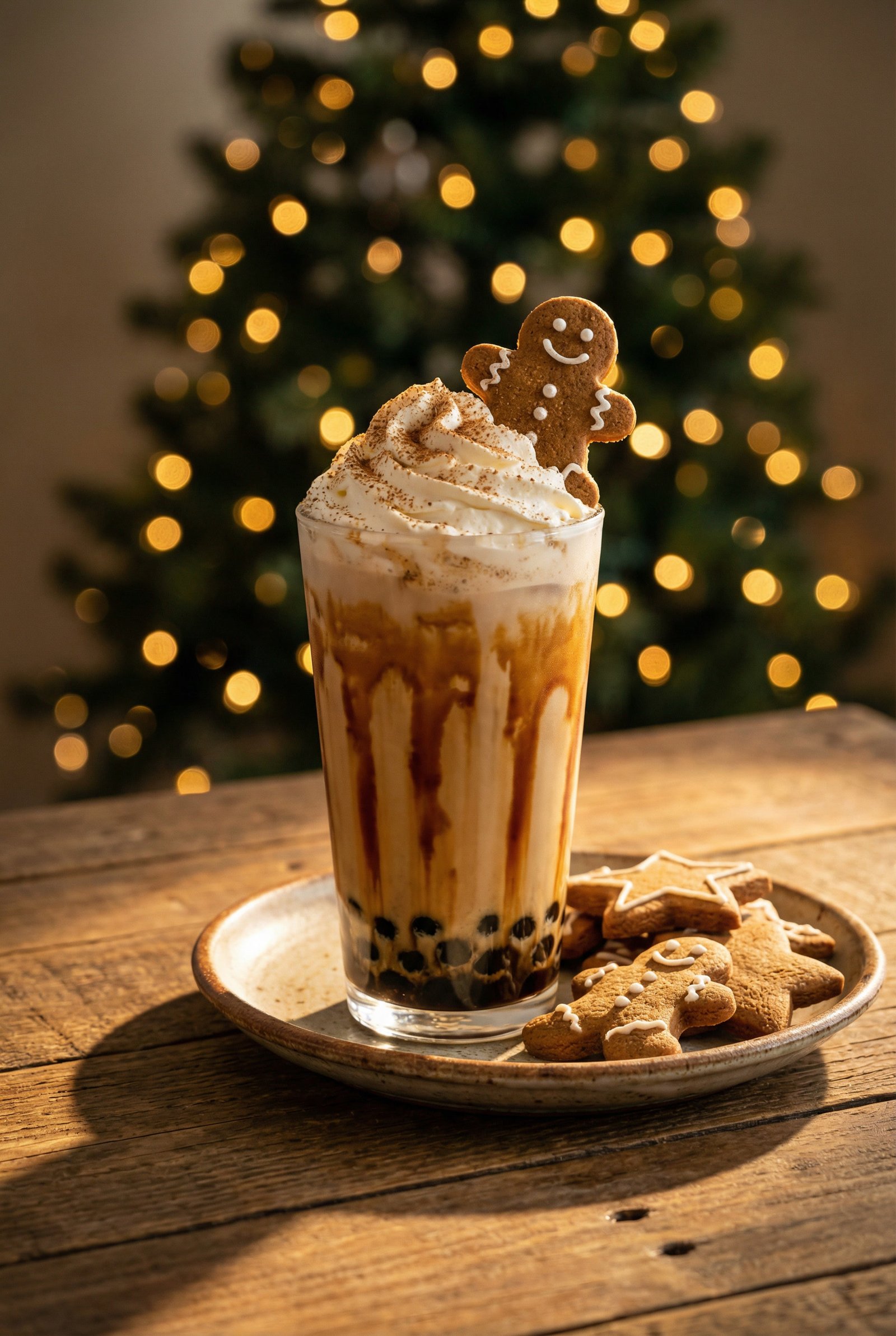 A cozy, rustic photograph of a gingerbread brown sugar milk tea with tiger stripes, topped with whipped cream, spices, and a gingerbread man cookie, sitting next to a plate of cookies in front of a Christmas tree.