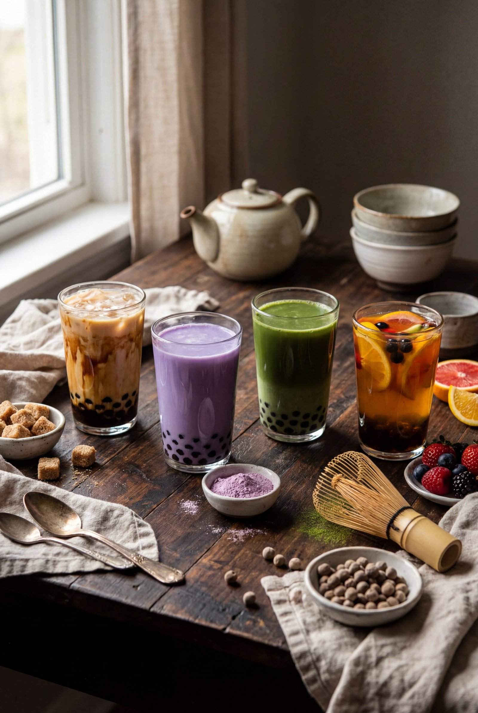 Four glasses of various bubble teas (brown sugar, taro, matcha, fruit tea) with tapioca pearls, arranged on a rustic wooden table with ingredients and cozy decor in a moody, natural light setting.