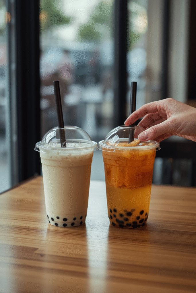 “Lifestyle photo of milk tea and fruit tea bubble tea cups on a café table near a window.”