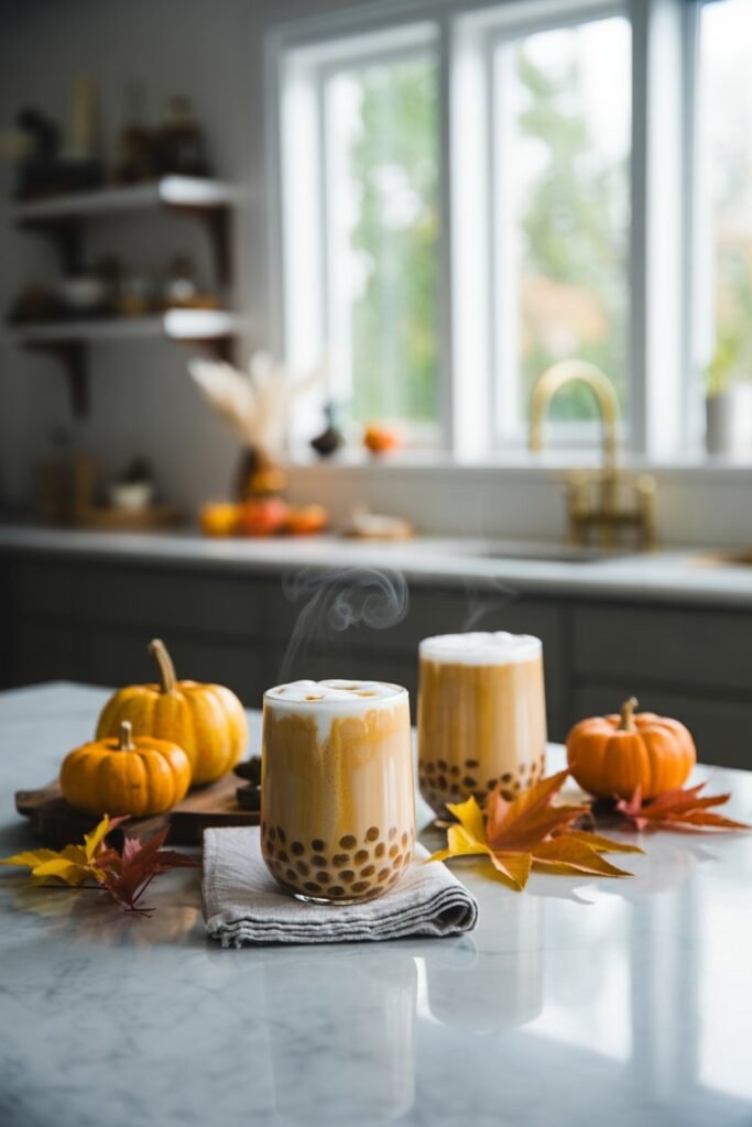 Pumpkin Chai Boba Lattes on a marble counter in a DeVOL-style kitchen with warm fall decor and steam rising.”