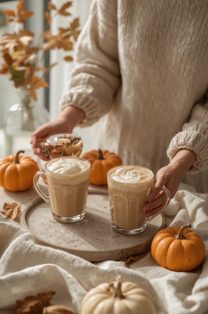 “Cozy at-home scene with two Pumpkin Chai Boba Lattes on a tray, pumpkins and fall leaves, knit sweater sleeves.”