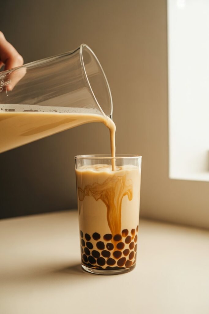 Pumpkin chai pours into a clear glass with brown-sugar boba pearls, creating a creamy swirl.