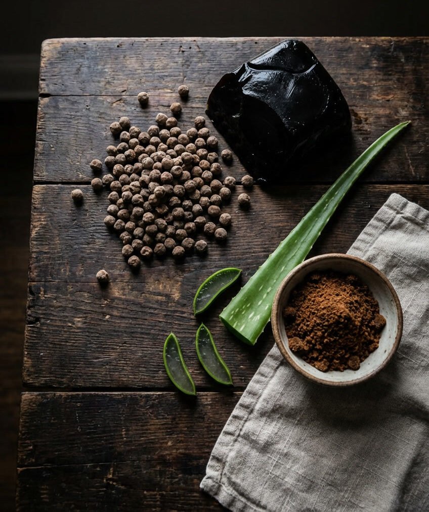 Raw bubble tea ingredients including dry tapioca, grass jelly block, and fresh aloe vera on wood.